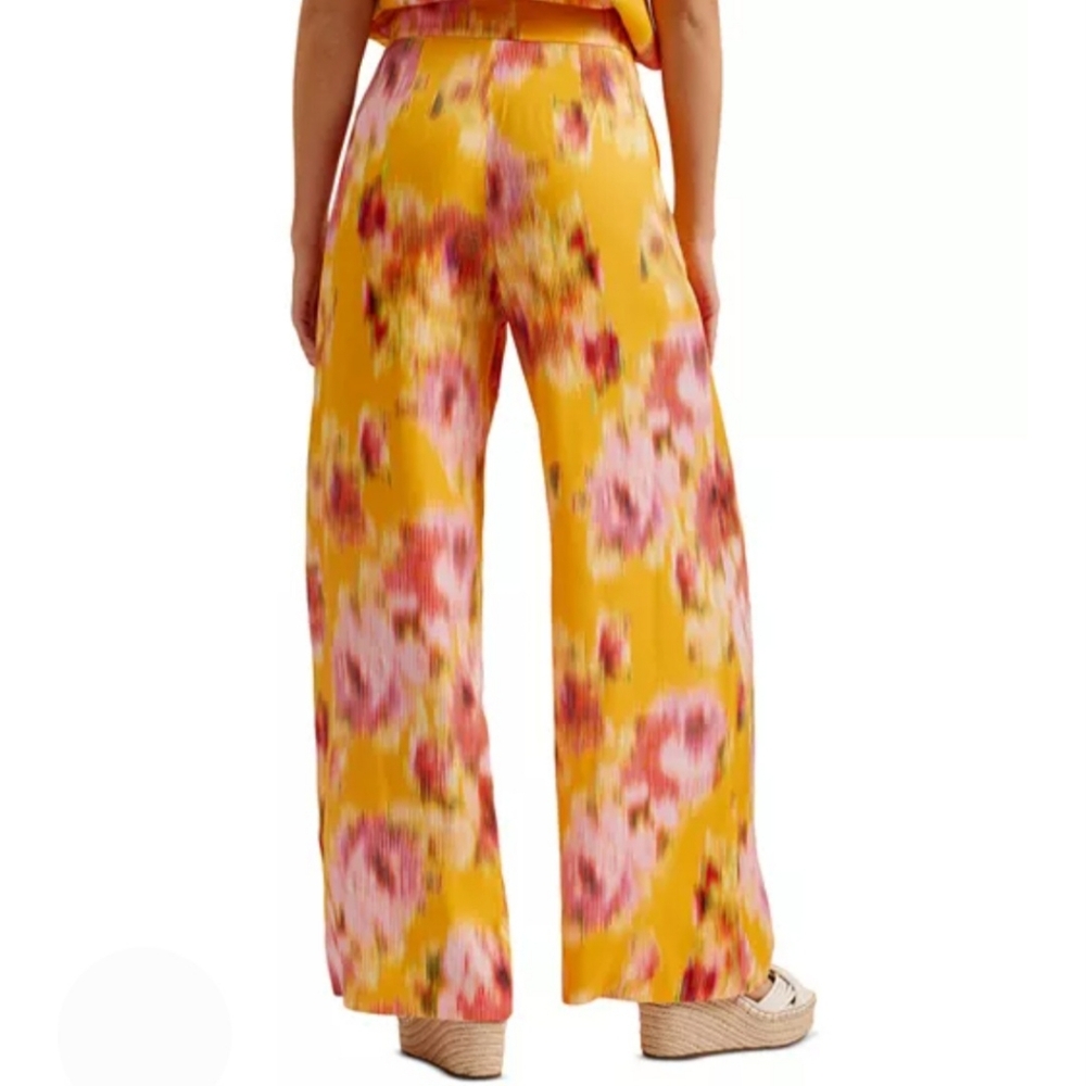 Ted Baker Trousers Women's 12 Yellow Pink Hitako Floral Blured Wide Leg New $245